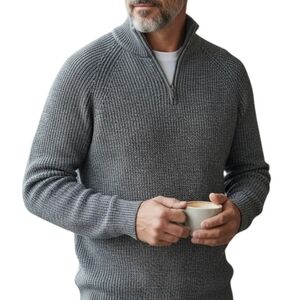 Alesbury Mens Fishermens Heathered Charcoal Knit Sweater 1/4 Zip Large New